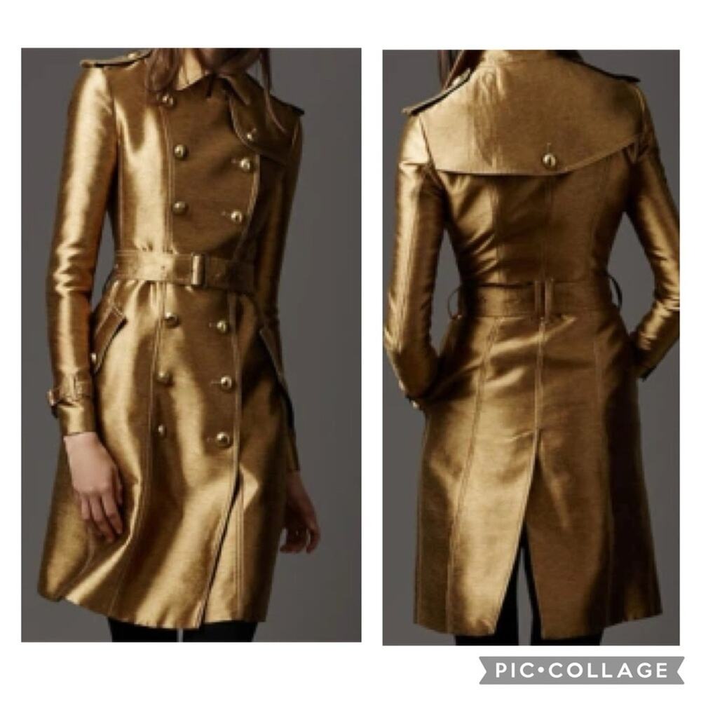 BURBERRY silk gold metallic trench coat jacket S - Picture 6 of 11